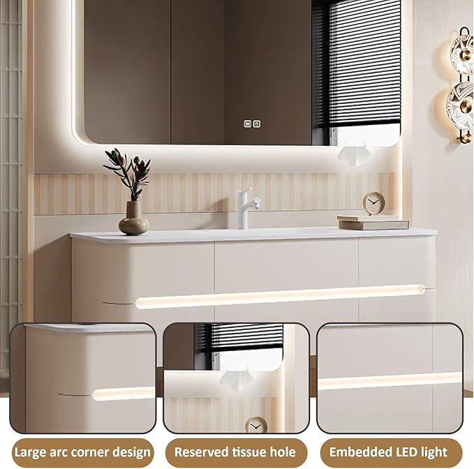 52IN Bathroom Vanity - Bathroom Vanity with Sink with Intelligent Induction Light | Wall-Mounted Bathroom Vanity with Intelligent LED Mirror Cabinet & 6 Drawers, Cream Color