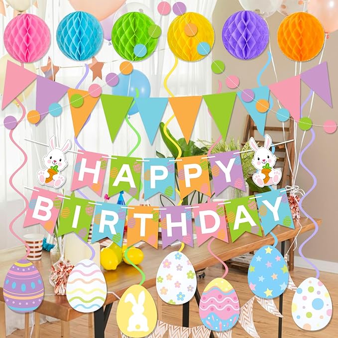 Easter Birthday Party Decorations Bunny Happy Birthday Banner Honeycomb Ball Eggs Swirl Streamers for Happy Easter Spring Home Birthday Party Decorations