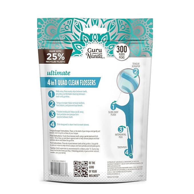 GuruNanda Quad Clean Floss Picks 4-in-1 with Tongue Scraper, Interdental Pik & Toothpick, Non-Shred Dyneema Thread, with Xylitol & Baking Soda, 300 ct