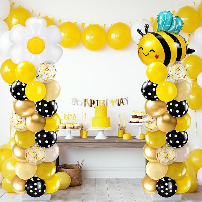 Kasyat 2 Sets Bee Theme Party Balloon Column Stand Kit with Bee Daisy Foil and 100 Latex Balloons, Adjustable Honeybee Balloon Stand Kit for Baby Shower Birthday Party Supplies