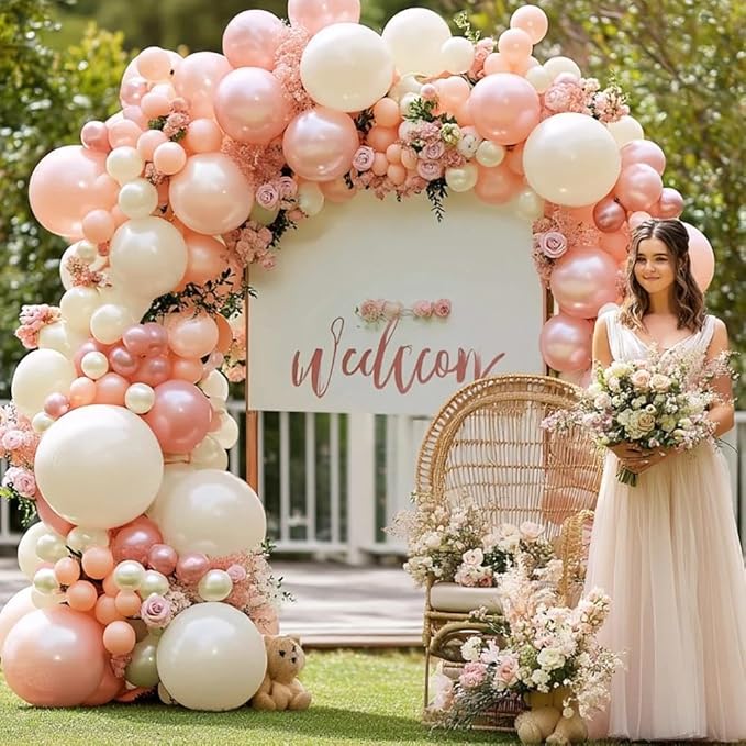Pastel Pink White Balloon Arch Double Stuffed Light Pearl Blush Pink Cream Beige Peach Balloon Garland Kit for Birthday Wedding Baby in Bloom Baby Shower Bridal Princess Valentine's Day Party Decor