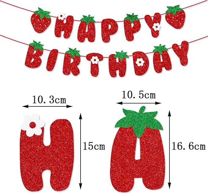 Strawberry Happy Birthday Banner, Glitter Strawberry Banner, Strawberry Theme Birthday Garland for Birthday Party Hanging Decorations
