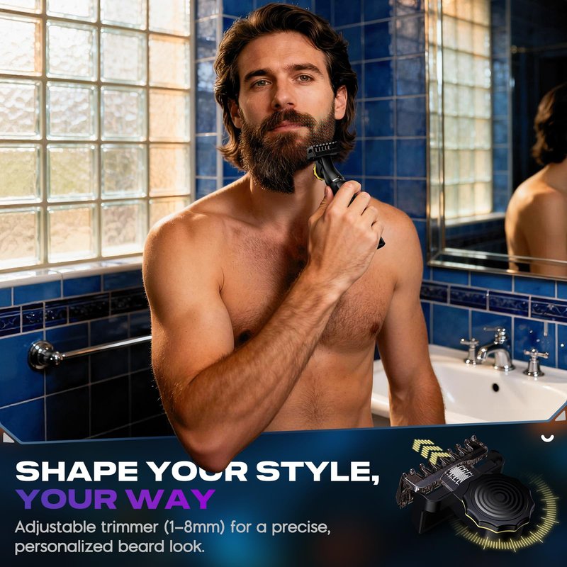 Sybler Electric Razor for Men 5 in 1, Beard Trimmer Kit with Adjustable 1–8mm Comb, Body Shaver, Nose & Ear Hair Trimmer, IPX7 Waterproof, Type-C Fast Charge, LED Display, 120-Min Cordless Use