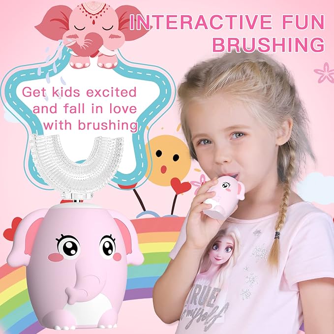 Kids Electric U Shaped Toothbrush Children Rechargeable Sonic Toothbrush with 4 Brush Heads Full Mouth 6 Cleaning Modes - (Age 2-7 Pink)