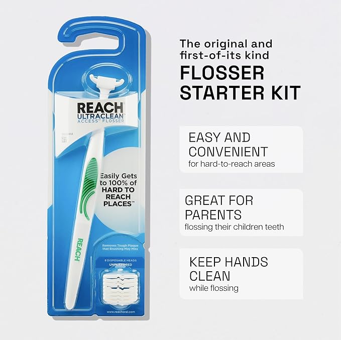 REACH Ultraclean Access Flosser Starter Kit, Unflavored, Plaque Remover for Teeth, for Hard to Reach Areas, Oral Care, PFAS Free, 1 Replaceable Flosser & 8 Refill Heads, 6 Pack