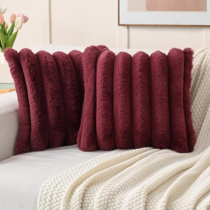 FUTEI Christmas Burgundy Decorative Throw Pillow Covers 24x24 Inch Set of 2, Square Soft Faux Rabbit Fur Thick Striped European Cushion Covers,Winter Home Decor for Couch Bed Living Room