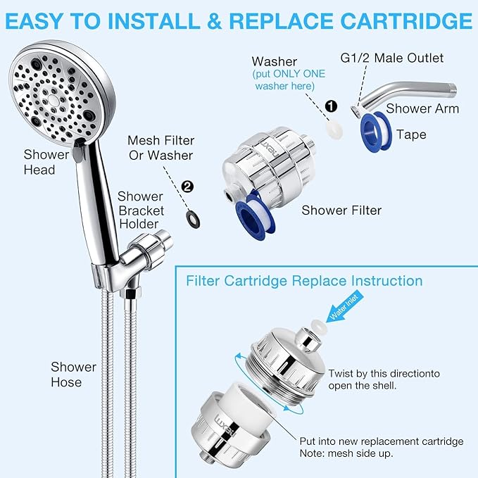 Heavy Duty Shower Filter, Chlorine Hard Water Filter Softener Purifier, with 2 Filter Cartridges, Fits Universal Handheld Shower Head Fixed Rainfall Bath Fixture, Chrome