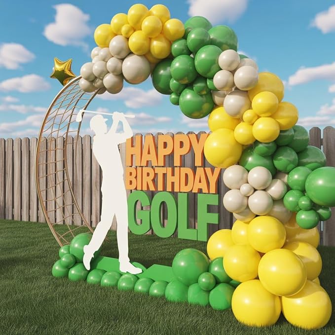 Green Yellow Balloon Garland Kit, Golf Birthday Decorations with Dark Green Yellow Latex Balloons Gold Star Foil Balloon for Boys Birthday Forest Jungle Tractor Soccer Party Decorations