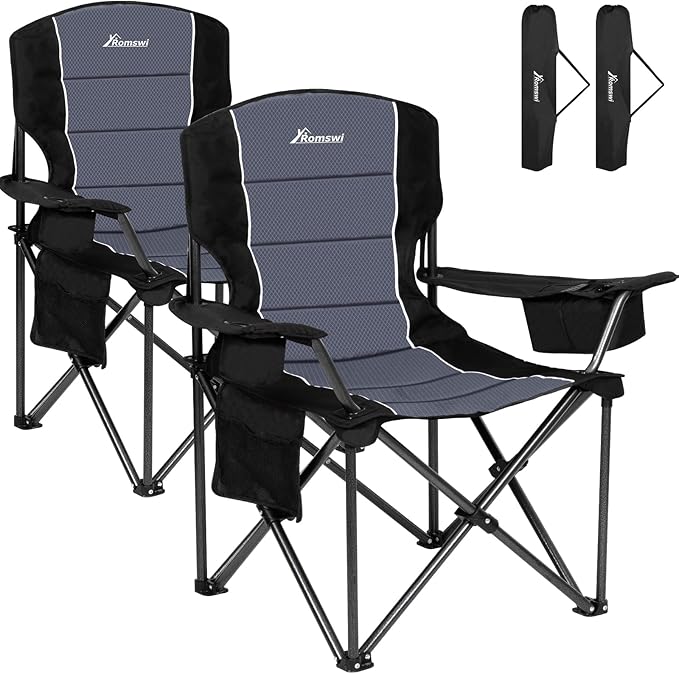 Romswi Oversized Camping Chairs,Heavy Duty Support 500 LBS,Padded Back & Arm Sport Chairs, Cup Holder Cooler Bag, Collapsible Folding Chairs for Outdoor, Fishing & Garden, Black,2-Pack