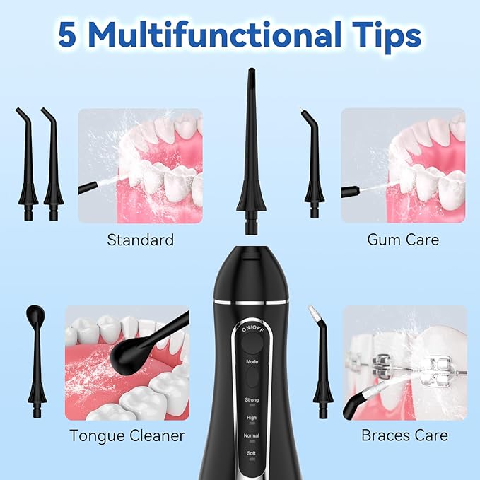 Cordless Portable Water Flosser with 300ML Tank: Rechargeable Oral Irrigator with 5 Tips for Travel, Braces Care and Sensitive Gums, IPX7 Waterproof Teeth Cleaning Device(Purple)