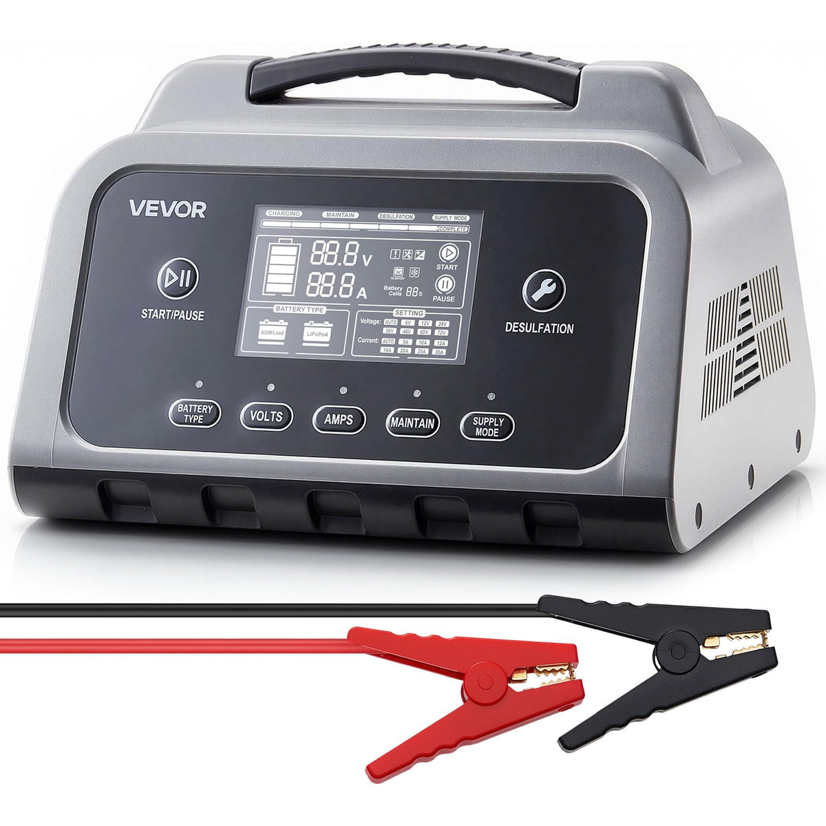 VEVOR Smart Battery Charger, 16A, 6V 12V 24V 36V 48V 60V 72V Lithium LiFePO4 Lead-Acid (Gel/AGM) Car Battery Charger, with LCD D
