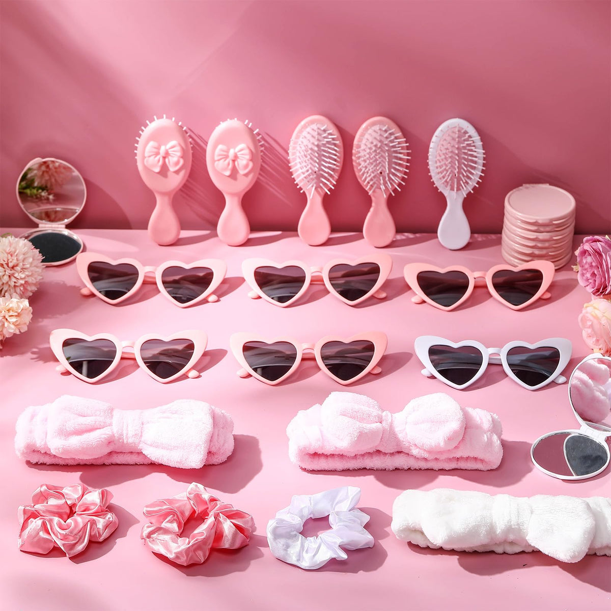 Reallnaive 72 Pcs Spa Sleepover Party Supplies Bachelorette Party Accessories Including Hair Brush Heart-shaped Glasses Mirrors Spa Headband Hair Ties for Bridesmaid Gift Sleepover Favor(Pink)