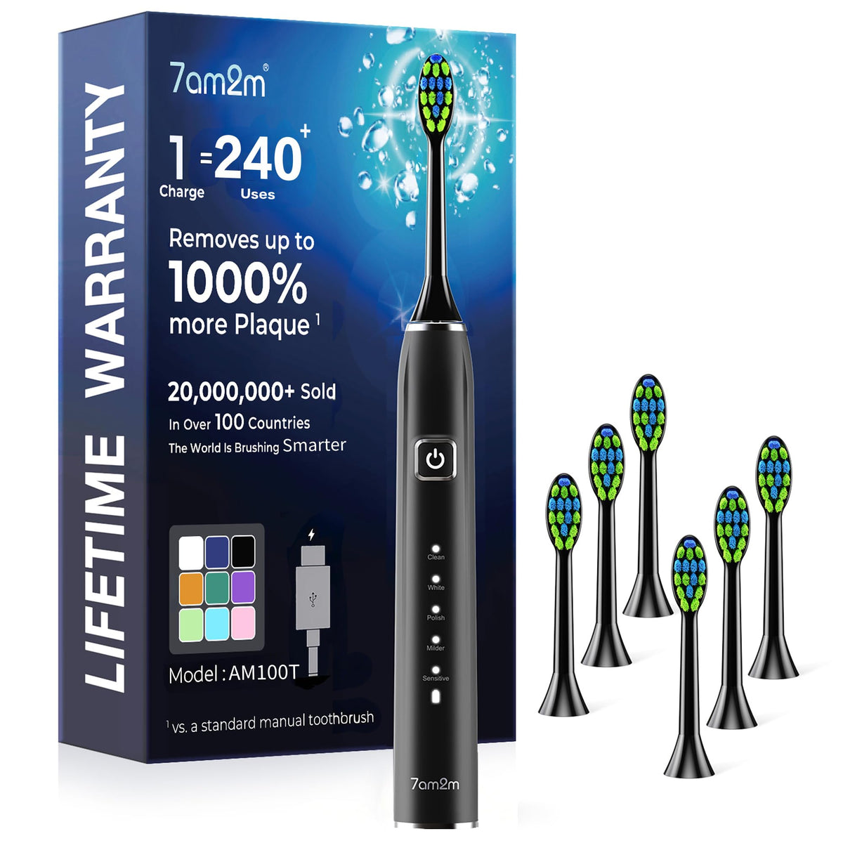 7AM2M Sonic Electric Toothbrush with 6 Brush Heads for Adults&Kids, One Charge for 120 Days, Type-C Charge, 5 Modes, 40000VPM Powered Toothbrush (Peacock Green)