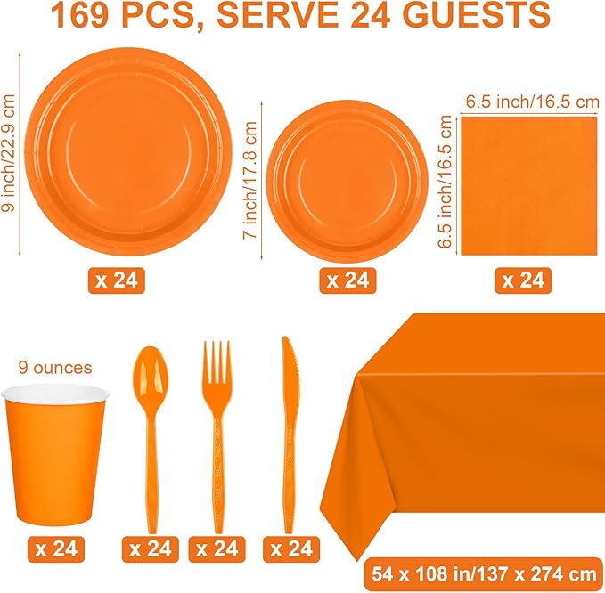 Kochorie 169 Pieces Orange Party Supplies Disposable Dinnerware Set Include Plates and Cups Napkins Plastic Forks Knives Spoons Tablecloth for Wedding Birthday Party Decorations, Serve 24 Guests