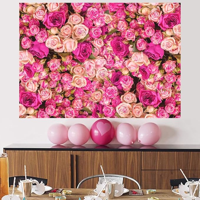 8x6FT Pink Red Rose Floral Wall Backdrop Flowers Photography Background Mothers Day Valentine's Day Backdrop Girls Birthday Party Baby Shower Wedding Decoration Banner