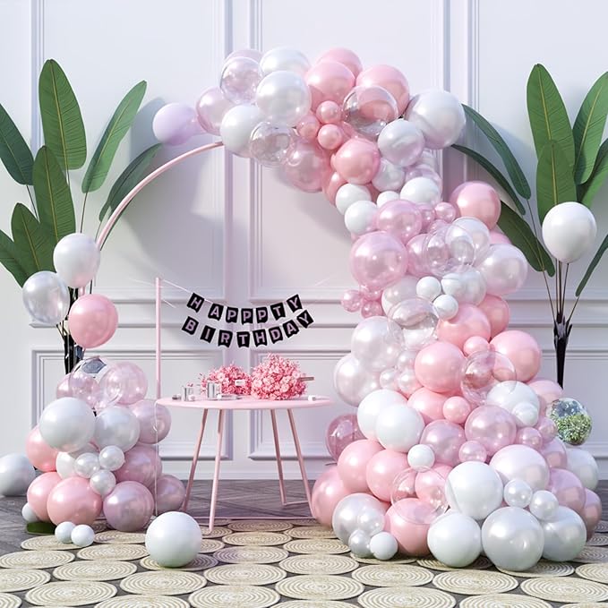 FunHot Pink White Balloon Arch Kit, Pink Balloon Garland, Double Stuffed Pearl Pink Matte White Balloons Large Clear Balloons for Girls Baby Shower Wedding Bridal Shower Birthday Party Decoration