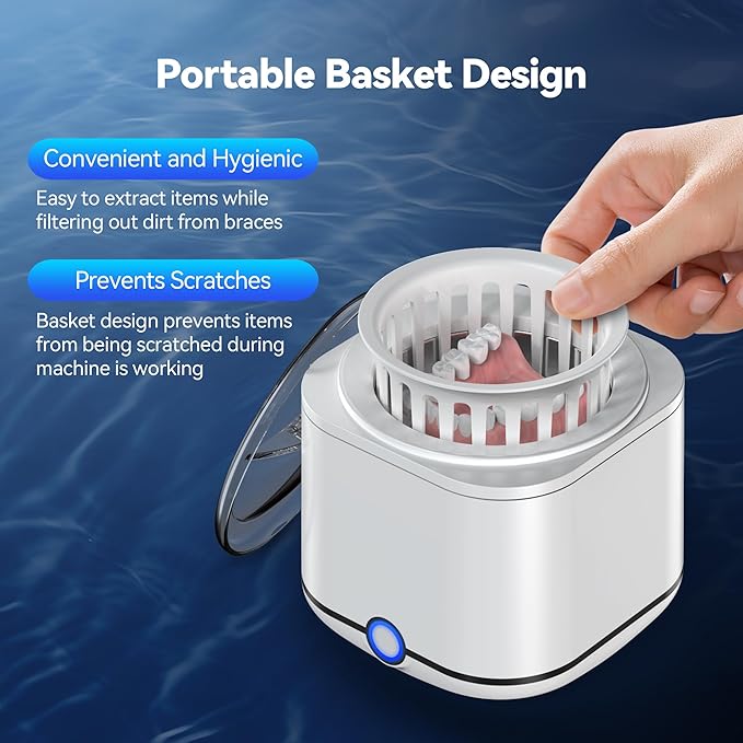 Ultrasonic Retainer Cleaner, 48kHz Retainer Cleaner Machine for Dentures, Mouthguard, Braces, Night Guard, Toothbrush, Jewelry with 7.8OZ Dental Cleaning Pod-Cool White