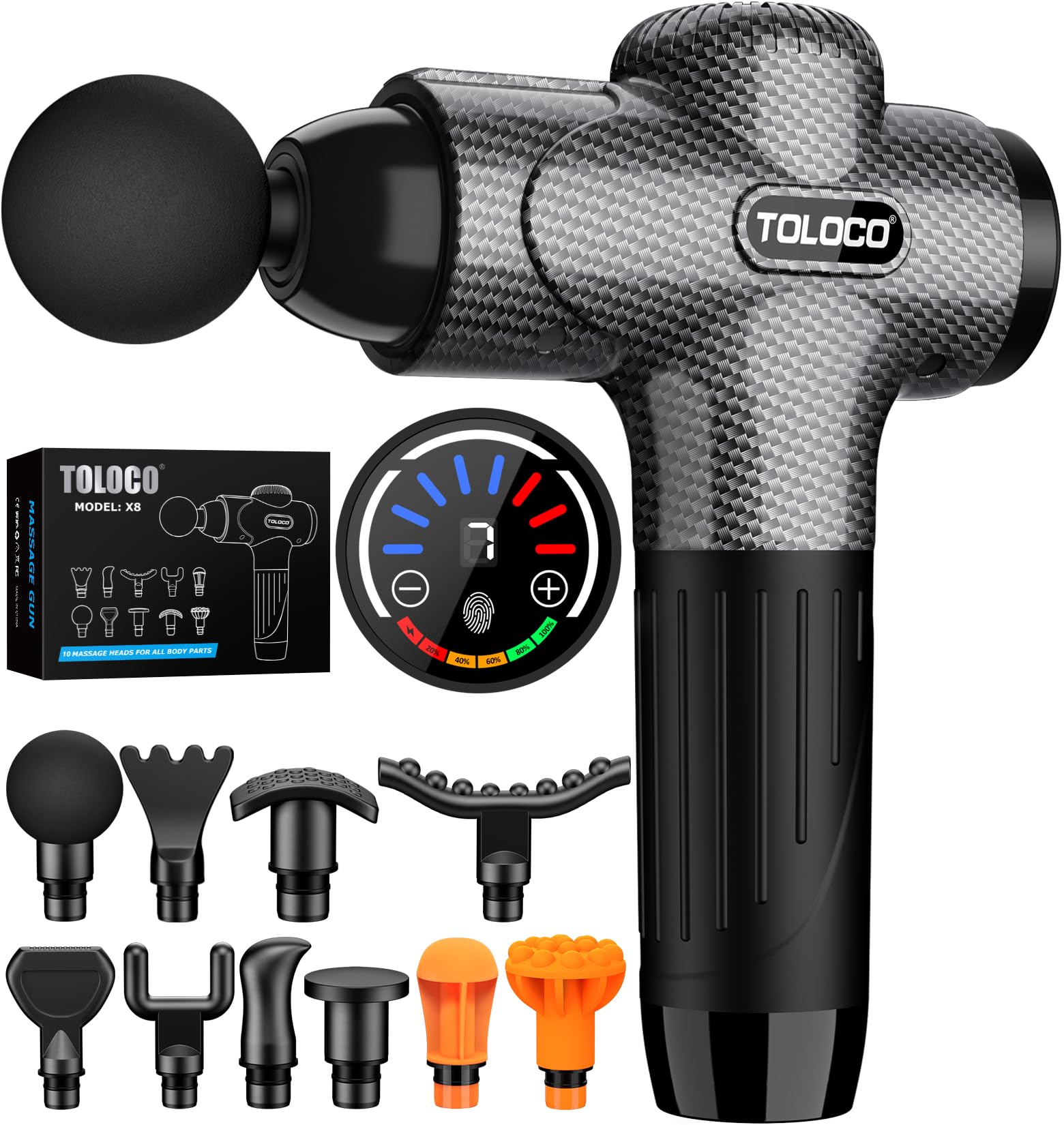 TOLOCO Massage Gun, Back Massager 10 Replacement Head for Pain Relief Deep Tissue, Percussion Massage Guns 7 Speed Level Super Quiet Electric Massager Fathers Day Dad Gifts, Carbon