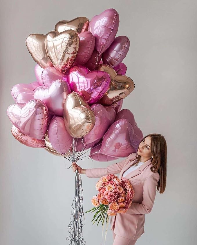 Lovoir 12 Pcs Pink Heart Shape Foil Mylar Balloons 18 Inch Love Balloons for Valentine's Day Birthday Party Decorations Wedding Engagement Romantic Decor (Pearl Pink & White & Rose Gold)