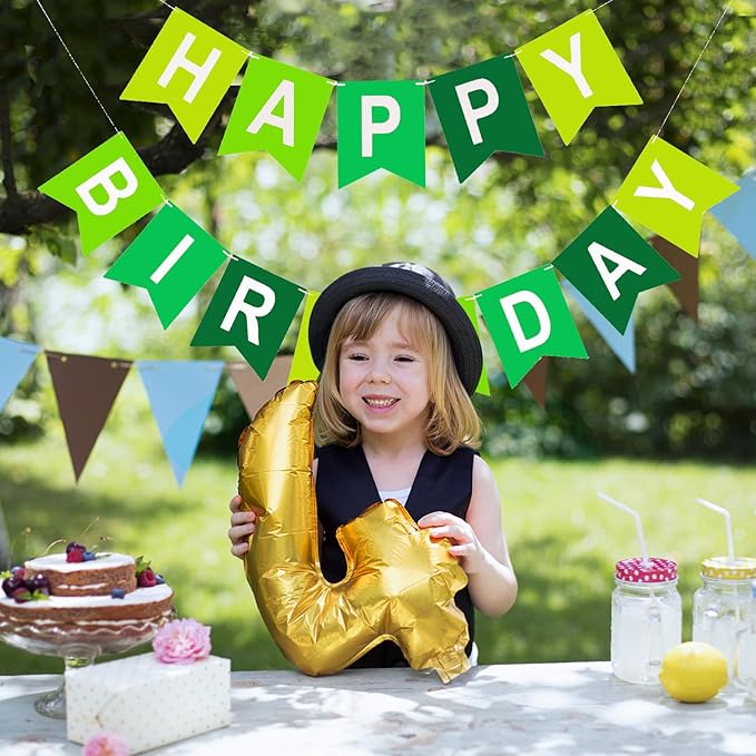 Happy Birthday Banner, Green Colors Birthday Party Banner Assembled Garland Bunting Flags Women Men Girl Boy Party Hanging Decorations Indoor/Outdoor Supplies