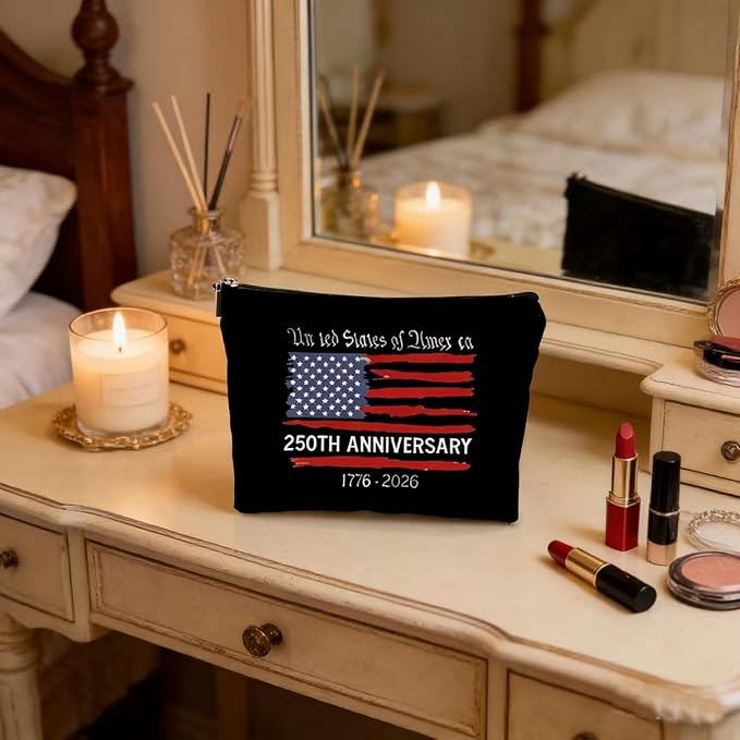 GRITOSE 4th of July Small Makeup Bag,USA 250th Black Cosmetic Bags with Zipper with America Flag designs Accessories for Women Friend Independence Day Gifts Makeup Pouch
