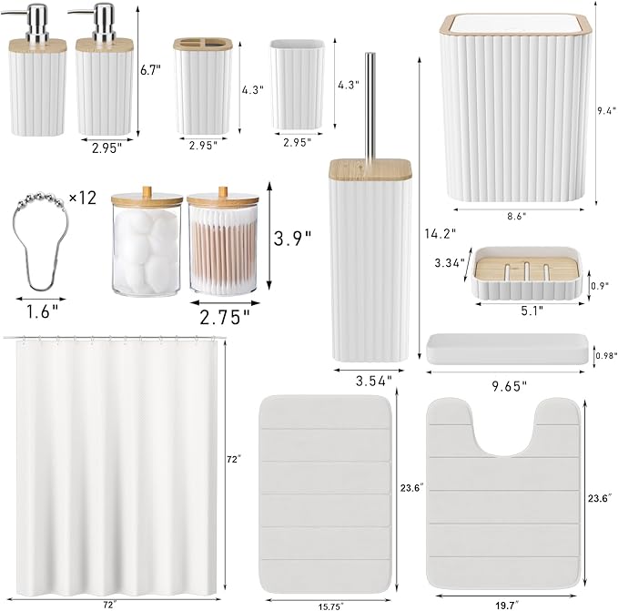 Bathroom Set - 25PC White Bathroom Set with Shower Curtain and Rugs, Bathroom Accessories Set, White Shower Curtain Set with Bathroom Trash Can