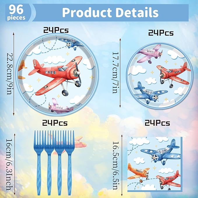 Rakuto Airplane Birthday Tableware Party Decorations, 96PCS Airplane Party Plates Napkins and Forks Supplies, Disposable Cartoon Airplane Baby Shower Decor Serves 24