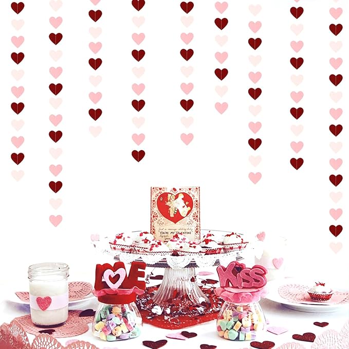 Pink Burgundy Party-Decorations Heart Garland - 62FT Wedding Hanging Streamer Banner,Valentines Birthday Baby Bachelorette Engagement Mothers Day Bridal Shower Backdrop Decor Hugtmr