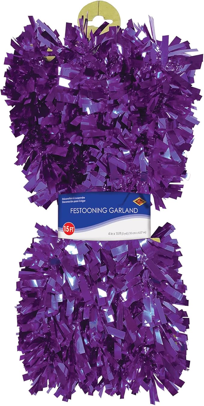 Beistle Metallic Festooning Garland Hanging Decorations, Birthday Party Supplies, 4" x 15', Purple