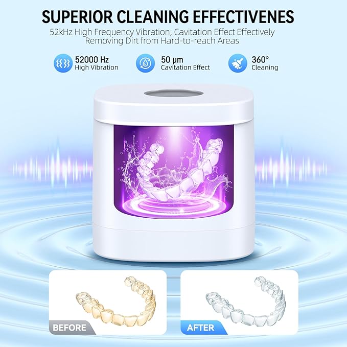 TEBAL Ultrasonic Retainer Cleaner Machine, 52kHz Ultrasonic Denture Cleaner for Night Guards, Braces, Toothbrush Heads, Jewelry and More, Ultrasonic Cleaner for Retainers with 250ML Capacity, White