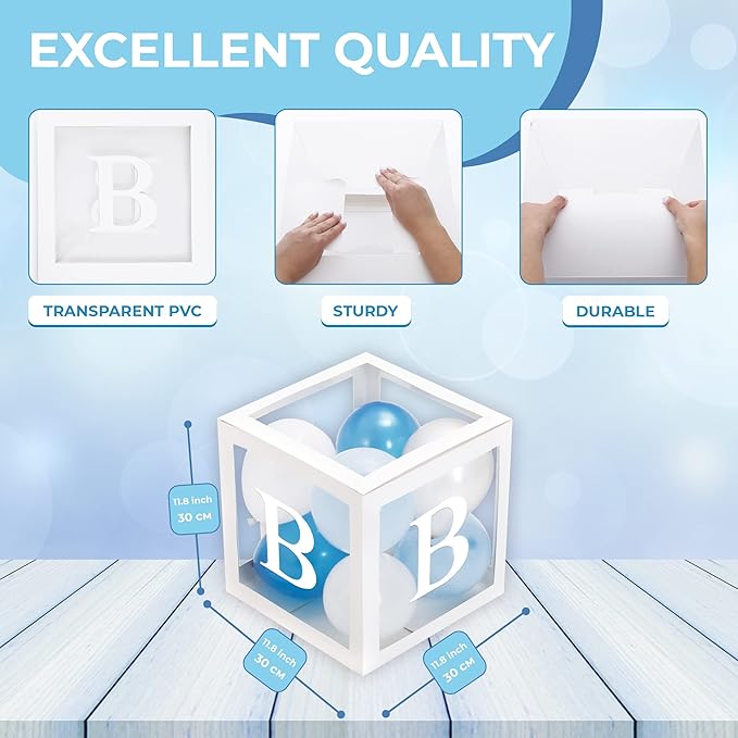 Baby Shower Boxes with Letters – White Boxes with Blue, Silver & White Balloons – 44-Piece Gender Reveal & Party Decoration Set by Vellax