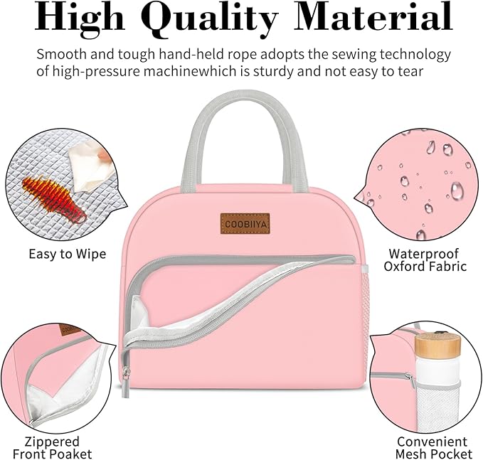 Coobiiya Lunch Bag for Women Men, Insulated Reusable Picnic Bag, 10.8"L x 6.3"W x 8.85"H, Pink