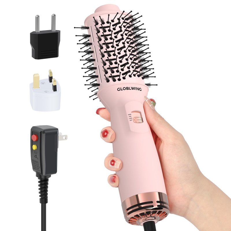Automatic Dual Voltage Travel Hair Dryer Brush Compact Mini Hot Air Brush with European Plug One Step Blow Dryer and Styler for Women, Oval Barrel 3 Heat & 2 Speed Settings
