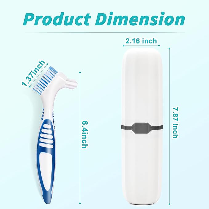 4 Pcs Denture Brush Set for False Teeth with White Carrying Case, Denture Toothbrushes with Double Sided Design, Dental Brush with Multi-Layered Soft Bristles and Rubber Anti-Slip Handle, 4 Colors