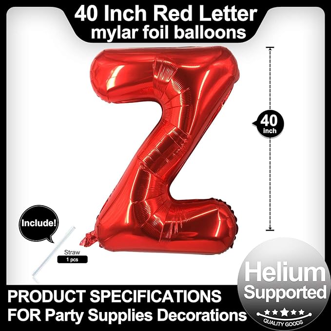 40 Inch Red Letter Z Balloons, DIY Phrase Foil Alphabet Letter Z Balloons DIY Word Z Banner for Birthday Anniversary Celebration Graduation Party Supplies Decoration