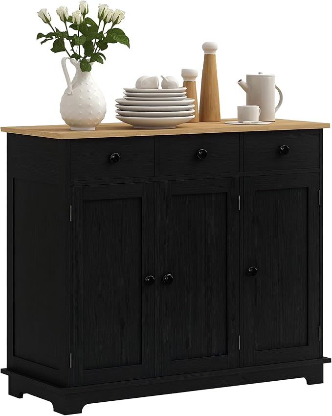 HOMCOM Sideboard with Solid Wood Countertop, Modern Kitchen Storage Cabinet, Coffee Bar Cabinet with 3 Drawers, Doors and Adjustable Shelf, Distressed Black