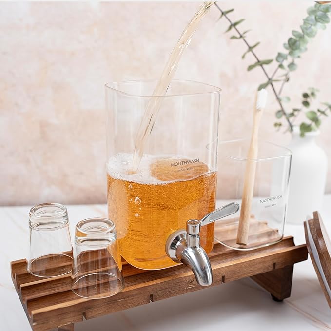 Glass Mouthwash Dispenser for Bathroom Decor with Bathroom Cups, Glass Electric Toothbrush Holder and Wooden Tray – Minimalist Bathroom Accessories for Home Decor - ZUTT