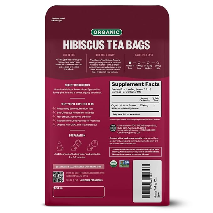 FGO Organic Hibiscus Tea, 100 Count, Eco-Conscious Tea Bags, Caffeine Free, Packaging May Vary (Pack of 1)