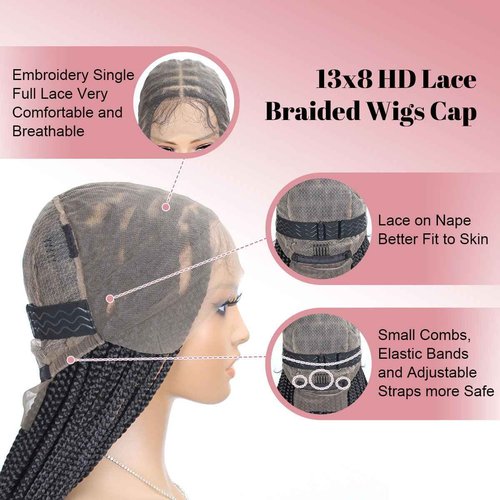 QUISDUIS Box Braided Wigs curly ends 32 inch 13X8 Lace Braid Wigs for Black Women Square Knotless Box Braid Wig with Baby Hair Handmade Synthetic Hair Blended Lace Front Wig Natural Black