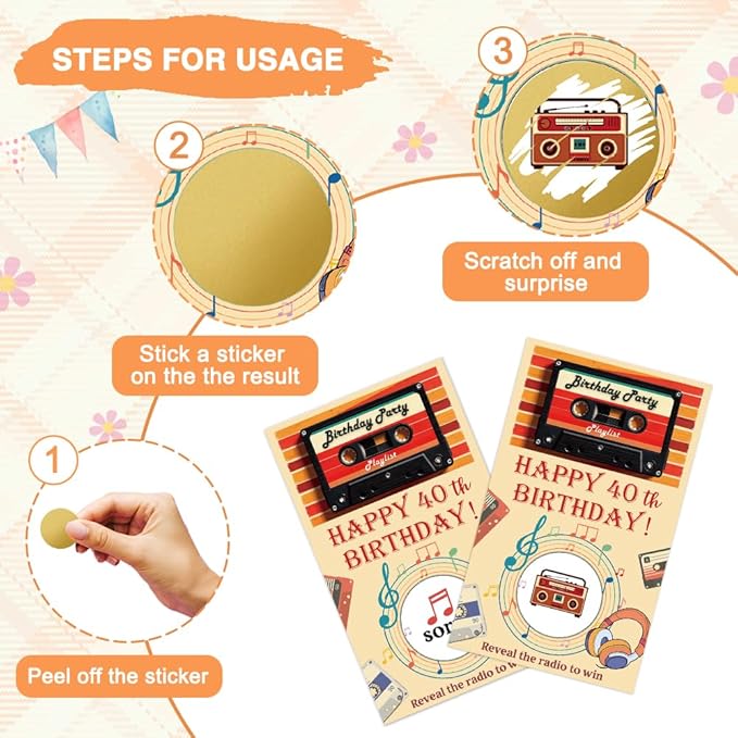 Haizct 50Pcs Happy 40Th Birthday Scratch Cards, Retro Radio Scratch off Game for Music Lover, Back To 1980s Party Supplies, Lottery Prize Raffle Ticket Group Game for Retirement Celebration Party