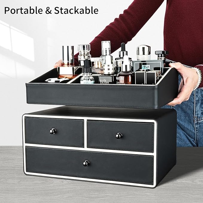 KINGFOM 2 Tier PU Leather Makeup Organizer with 3 Drawers, Cosmetic Storage Organizers for vanity Dresser Countertop and Bathroom Vanity, Beauty Holder for Lipstick Brush Skincare (Black)