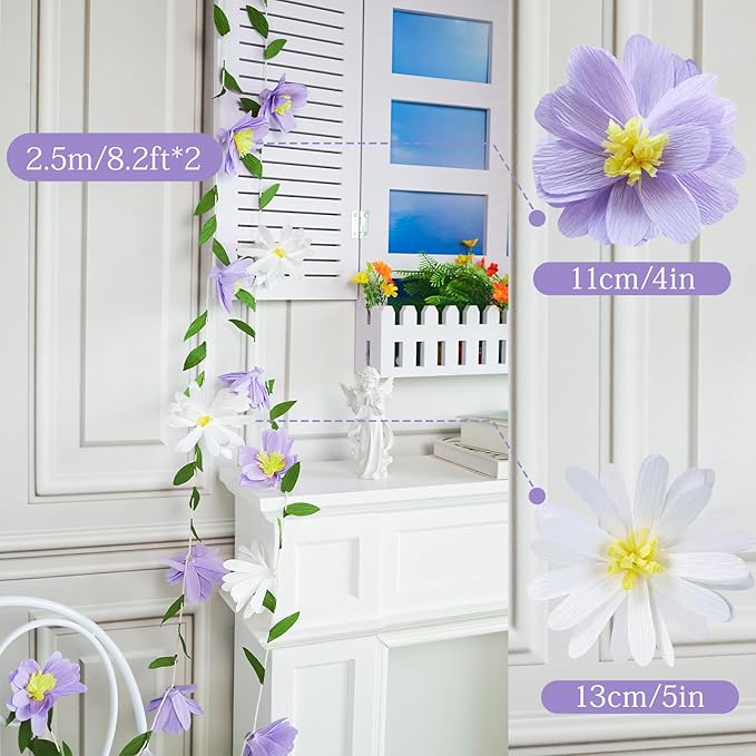 2PCS Paper Flower Garland, Paper Leaves Banner Vine Flowers with Green Leaves Crepe Flower Garland Decorations for Wall Anniversary Wedding Birthday Arch Decor-Purple