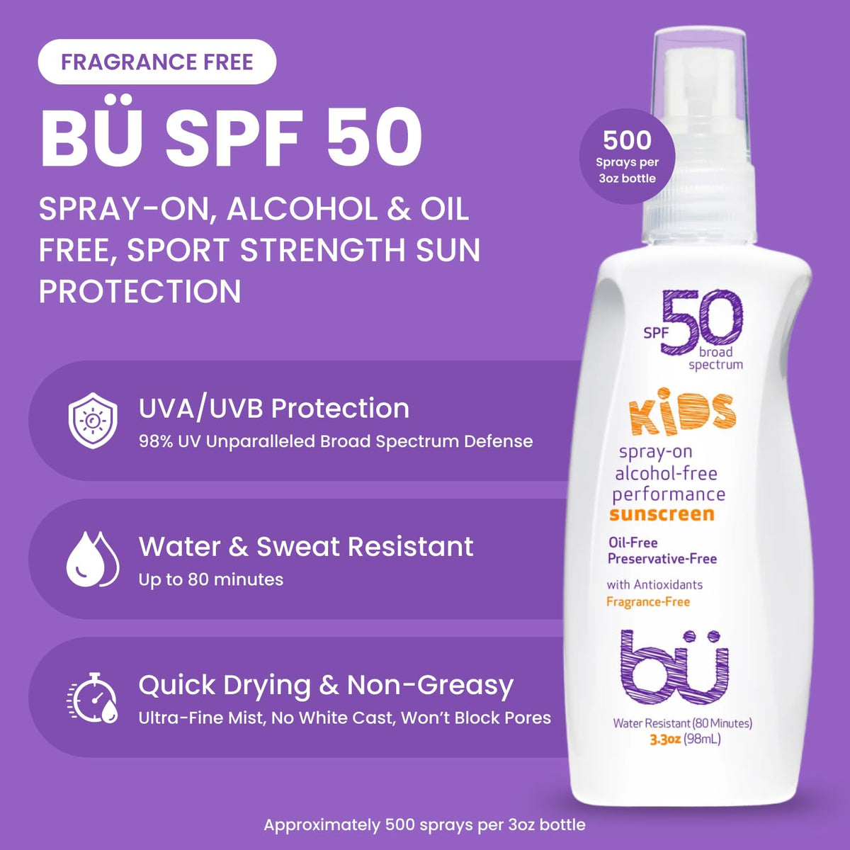 BU SPF 50 Kids Sunscreen Spray for Face and Body, Non Aerosol Spray, Fragrance Free, Clear, Non Greasy, Water Resistant, Fragrance Free 3.3 oz