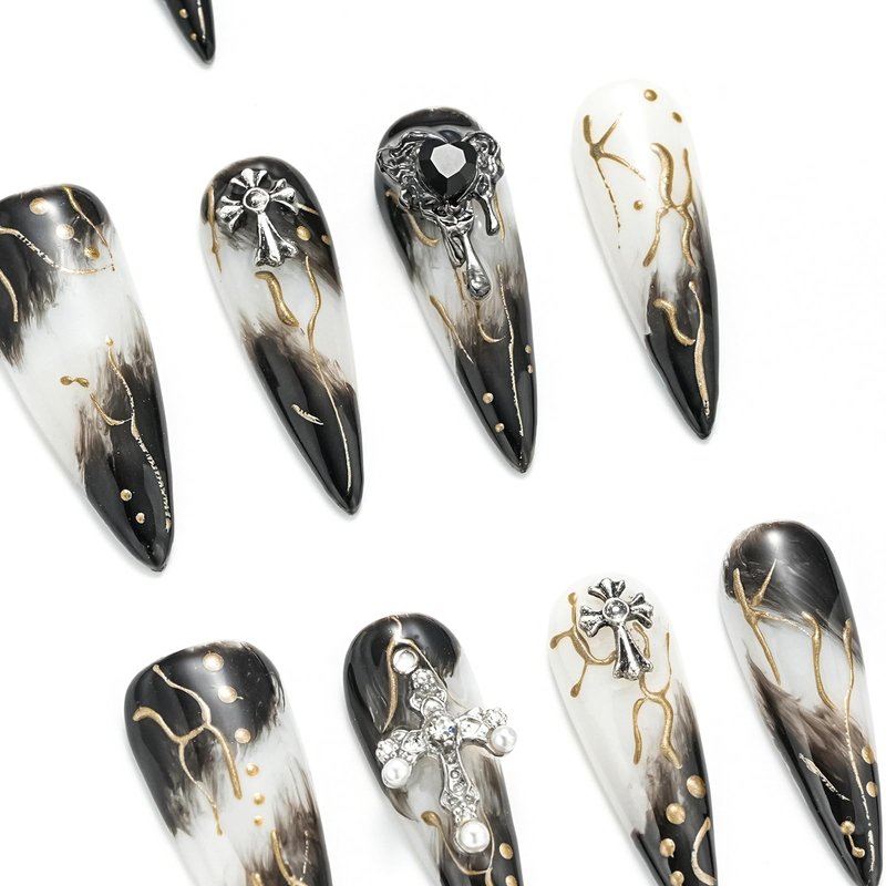 FORBELOVED NAILS,Black And White Swirl Line Handmade Press On Nails,Long Stiletto Glue On Nails,Crosses Decortions Charming False Nails For Women And Girls,10Pcs/Set With Glue,(Black-S),FOB