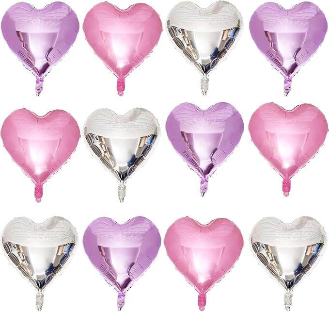 Lovoir 12 Pcs Silver Heart Shape Foil Mylar Balloons 18 Inch Love Balloons for Valentine's Day Birthday Party Decorations Wedding Engagement Romantic Decor (Pearl Pink & Pearl Purple & Silver)