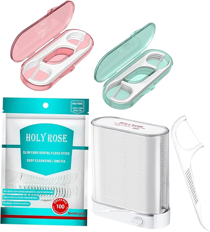 Holy Rose Dental Flossers Dispenser with Mini Floss Picks Portable Case, Bagged Refill of 208 Count for Adults - Tasteless Floss Sticks Ideal for Home, Travel, and Oral Care.