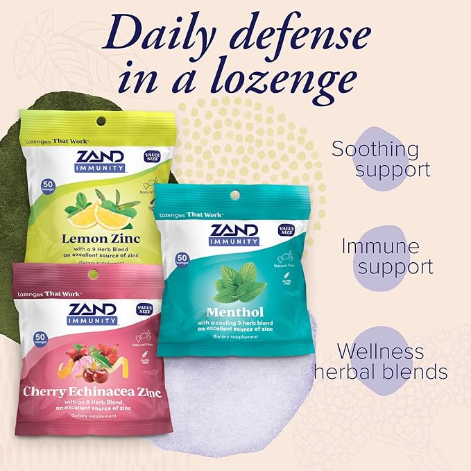 ZAND Immunity Variety 3 Pack - Lemon Zinc, Menthol and Cherry Echinacea Zinc Throat Lozenges - Good-for-You Dry Mouth Lozenges, Immune Support Supplement - Natural Flavor, Vegan, Gluten Free, 50ct ea