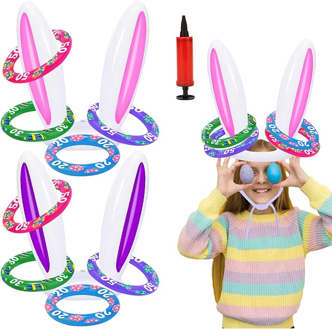 Easter Games for Kids, Easter Inflatable Bunny Ring Toss Games (2 Sets & 8 Score Rings), Ring Toss Game for Easter Party Favors Indoor Outdoor Games