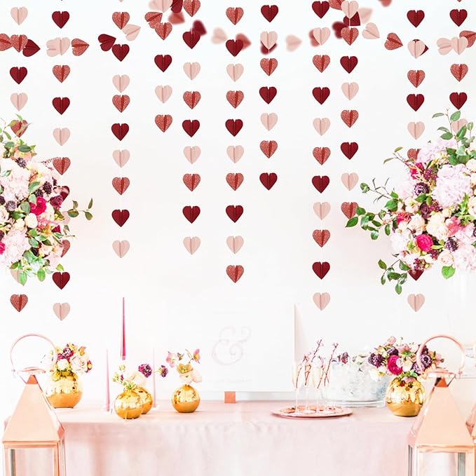 Rose-Gold Pink Burgundy-Red 3D-Heart Garland - 39Ft Galentines Valentines Day Party Decorations Hanging Paper Streamers Banner,Engagement Wedding Bachelorette Baby Bridal Shower Decor Ouruola
