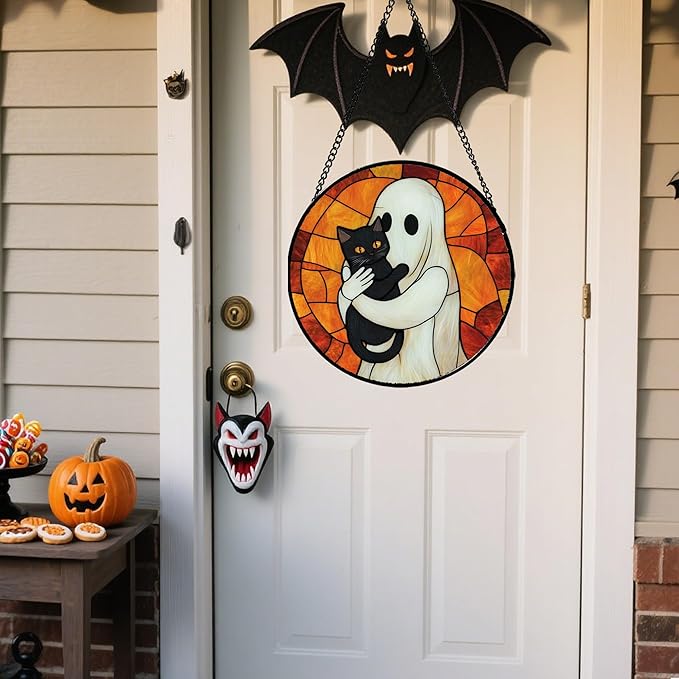 Stained Glass Window Hanging - Halloween Decorations White Ghost Black Cat Suncatcher for Doors Garden Spooky Funny Orange Sun Catchers Gothic Decor Horror Gifts for Women Men Friend 9.8 in